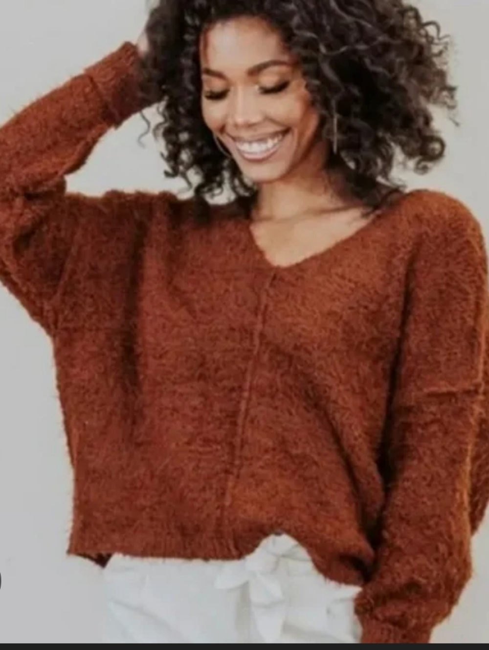 FREE PEOPLE Icing V Neck Fuzzy Knit Mocha Java Brown Eyelash Sweater - Large